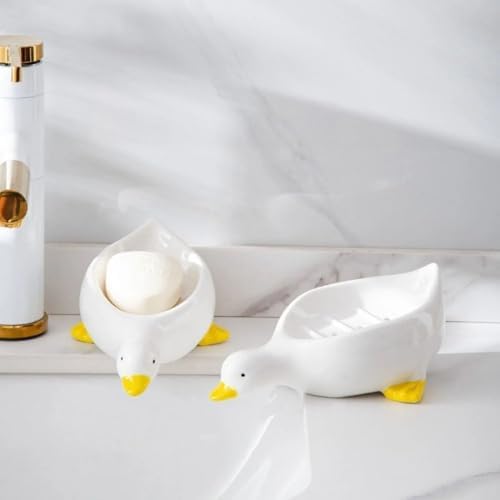 Cute Duck Ceramic Soap Dish Holder with Drain Yellow