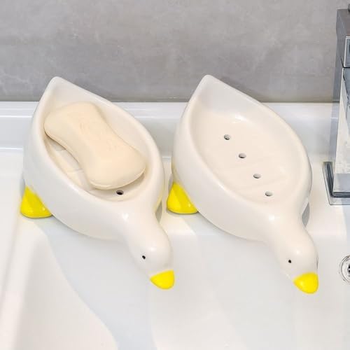 Cute Duck Ceramic Soap Dish Holder with Drain Yellow