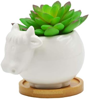 Cute Cartoon Ceramic Succulent Cactus Plant Pot with Drainage Hole - White Cow Design