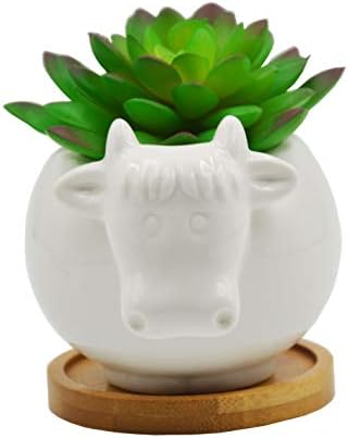 Cute Cartoon Ceramic Succulent Cactus Plant Pot with Drainage Hole - White Cow Design