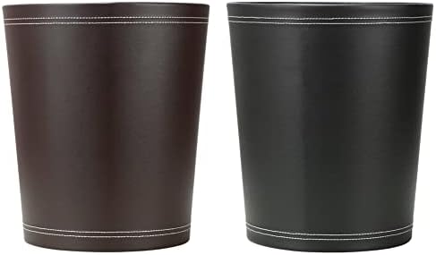 KINGFOM Round Brown PU Leather Trash Can Wastebasket