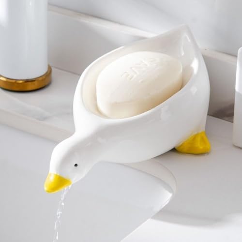 Cute Duck Ceramic Soap Dish Holder with Drain Yellow