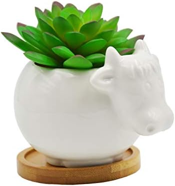 Cute Cartoon Ceramic Succulent Cactus Plant Pot with Drainage Hole - White Cow Design