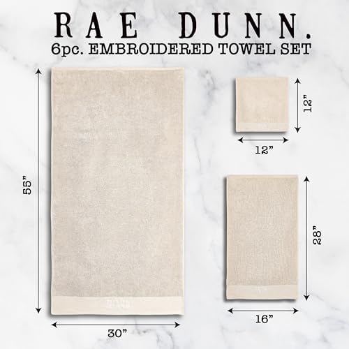 Rae Dunn 6-Piece Towel Set - Taupe and White 1