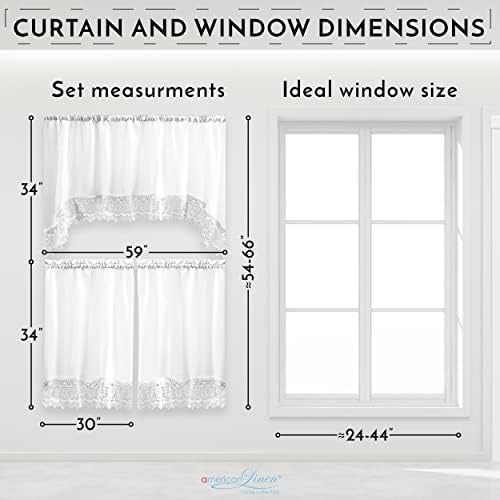 American Linen 3-Piece Caf Curtains with Valance and Lace Border