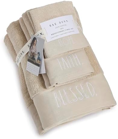 Rae Dunn 6-Piece Towel Set - Taupe and White 1