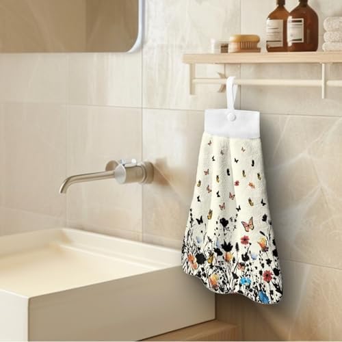 Hand Towels with Hanging Loops and Button Floral Design