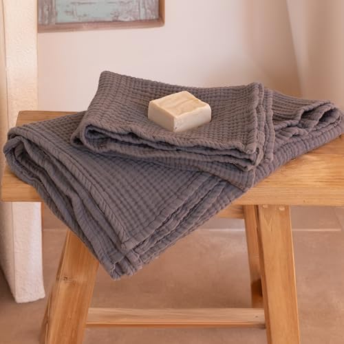 Viva Maison Muslin Towel Set - 32x67 and 18x34 Inch Dark Gray
