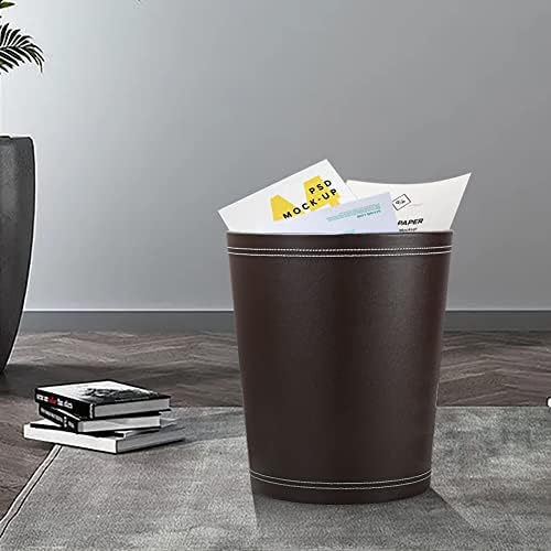 KINGFOM Round Brown PU Leather Trash Can Wastebasket