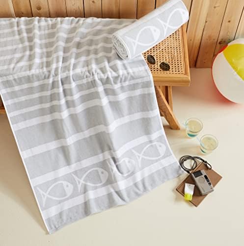 2 Pack 100 Cotton Velour Beach Towel Set - Grey Fish Design