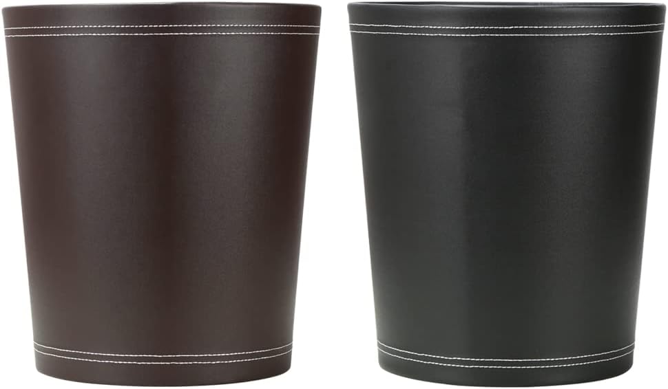 KINGFOM Round Brown PU Leather Trash Can Wastebasket