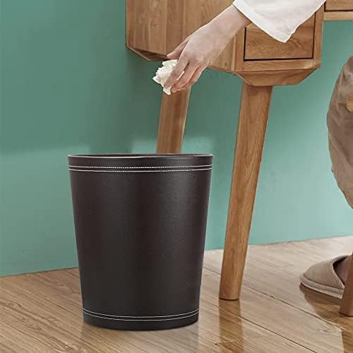 KINGFOM Round Brown PU Leather Trash Can Wastebasket