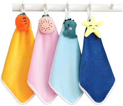 4 Pack Soft Hand Towels with Hanging Loops Cute Cartoon Design