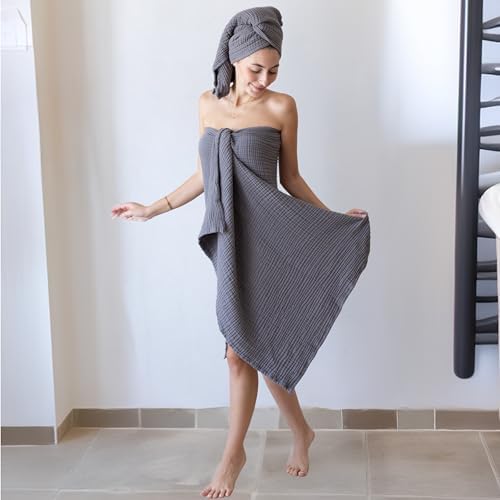 Viva Maison Muslin Towel Set - 32x67 and 18x34 Inch Dark Gray