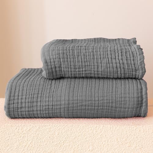Viva Maison Muslin Towel Set - 32x67 and 18x34 Inch Dark Gray