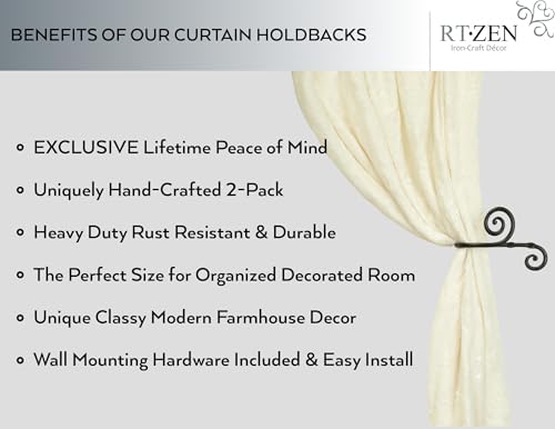 RTZEN Farmhouse Wrought Iron Curtain Holdbacks - 2 Pcs Black Swirly