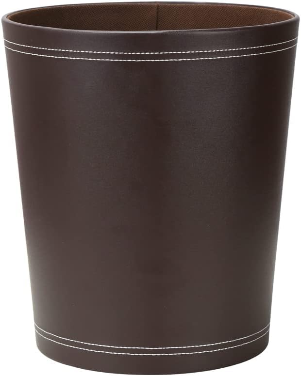 KINGFOM Round Brown PU Leather Trash Can Wastebasket
