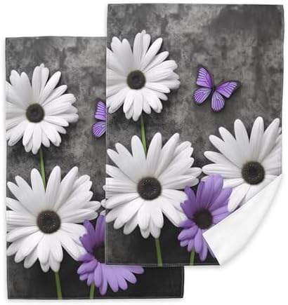 Purple Daisy Butterfly Hand Towels Set of 2 16x24 inch