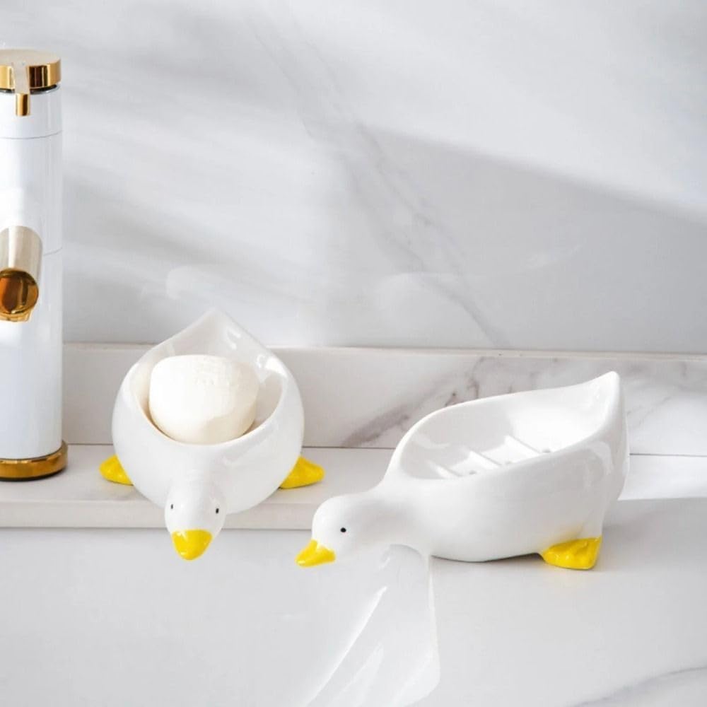 Cute Duck Ceramic Soap Dish Holder with Drain Yellow