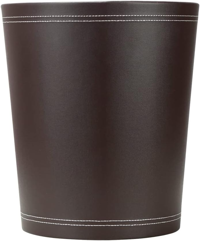 KINGFOM Round Brown PU Leather Trash Can Wastebasket