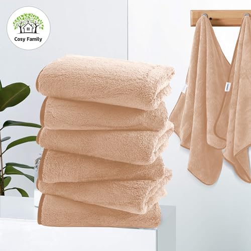 Cosy Family 6 Pack Ultra Soft Microfiber Hand Towels - 16x28 Inch Brown