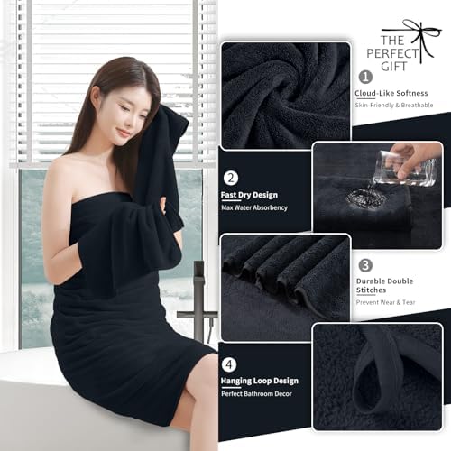 MAGGEA 4-Piece Extra Large Bath Sheet Set - 35x70 Ultra Soft Black Towels