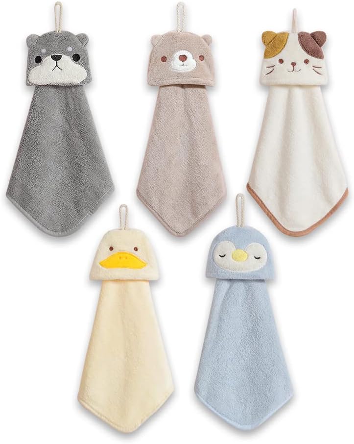 5 Pack Cute Animal Hand Towels with Hanging Loop
