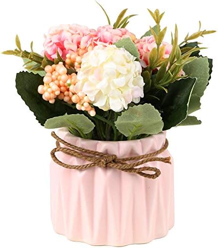SUPNIU Artificial Hydrangea Bouquet with Ceramic Vase - Pink 1