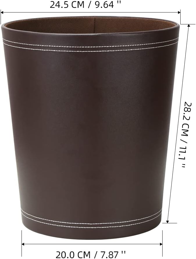 KINGFOM Round Brown PU Leather Trash Can Wastebasket