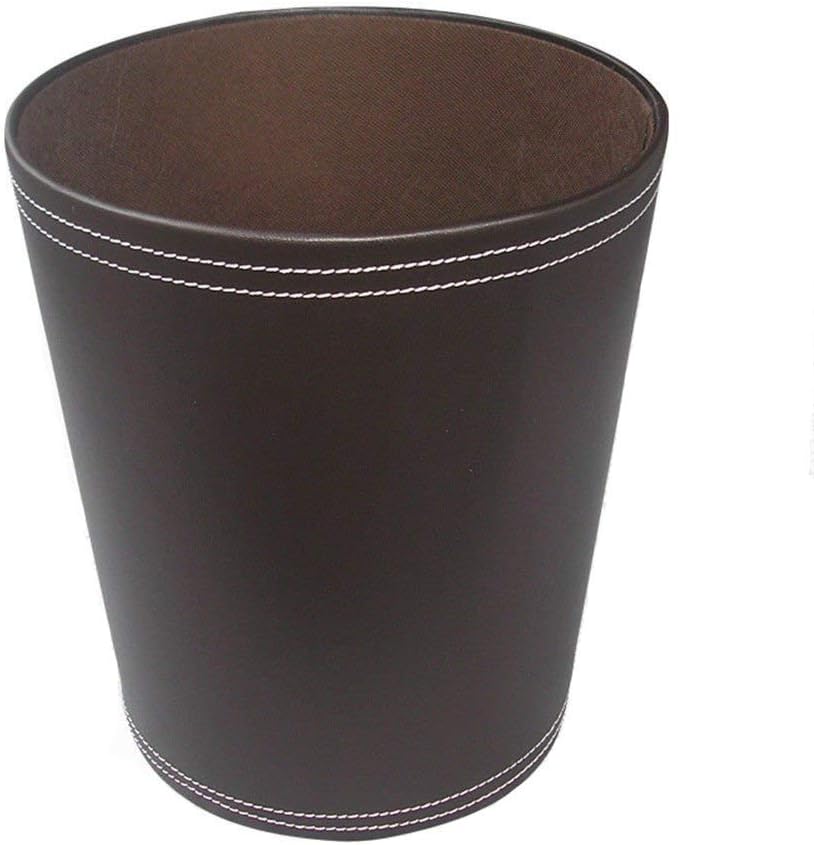 KINGFOM Round Brown PU Leather Trash Can Wastebasket