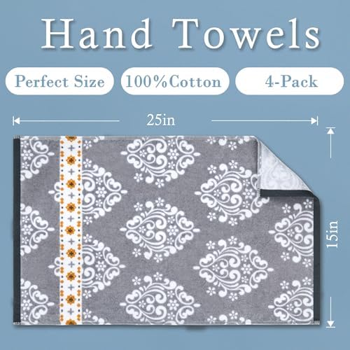 VOOVA MOVAS 4 Pack Gray Hand Towels with Damask Print
