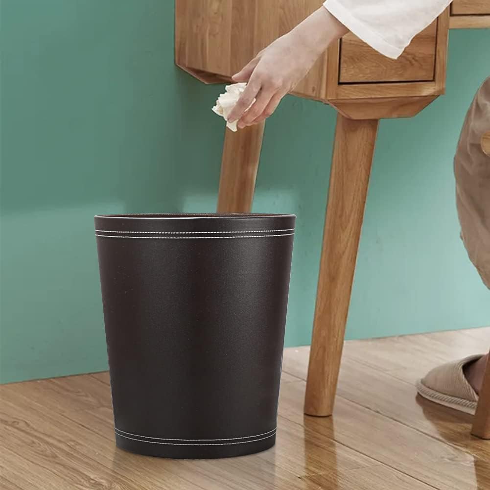 KINGFOM Round Brown PU Leather Trash Can Wastebasket