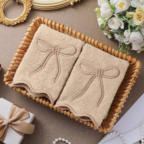 2 Pcs Brown Scalloped Embroidery Hand Towels