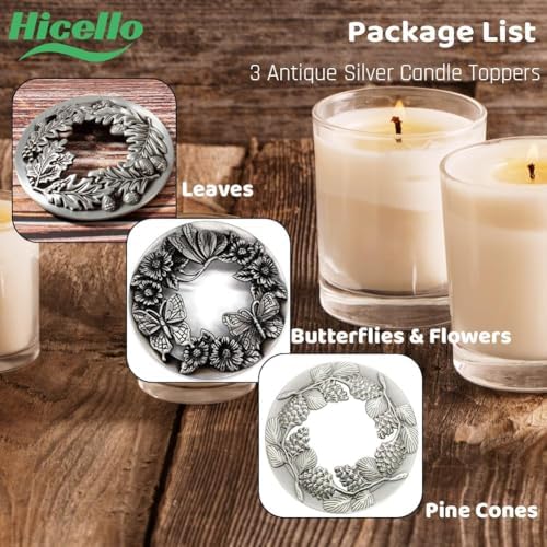 Antique Silver Candle Toppers Set of 3 - Leaves Pinecones Butterflies with Flowers