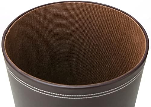 KINGFOM Round Brown PU Leather Trash Can Wastebasket