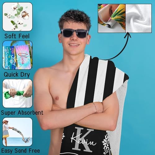 Custom Beach Towel with Name Striped Microfiber 31x71 Inch