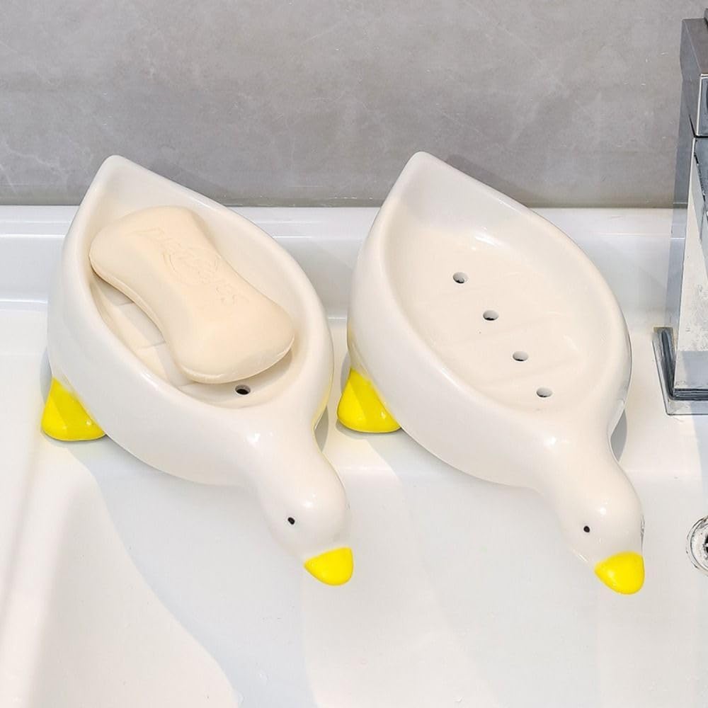 Cute Duck Ceramic Soap Dish Holder with Drain Yellow