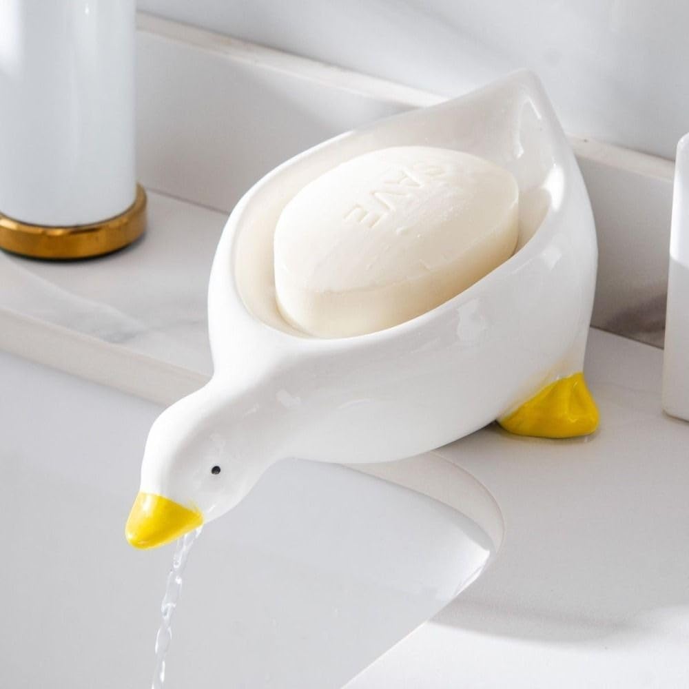 Cute Duck Ceramic Soap Dish Holder with Drain Yellow