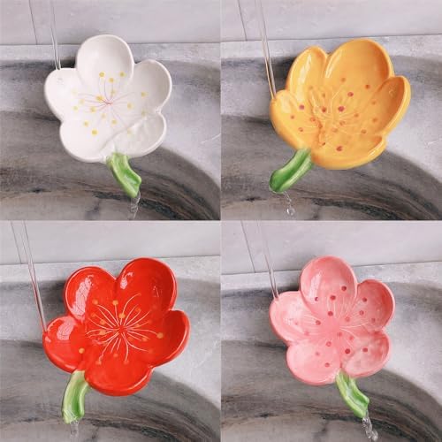 Flower Ceramic Soap Holder Self Draining Tulip Yellow