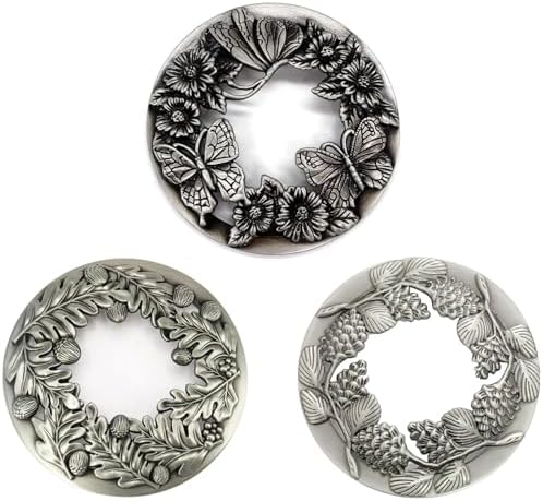 Antique Silver Candle Toppers Set of 3 - Leaves Pinecones Butterflies with Flowers