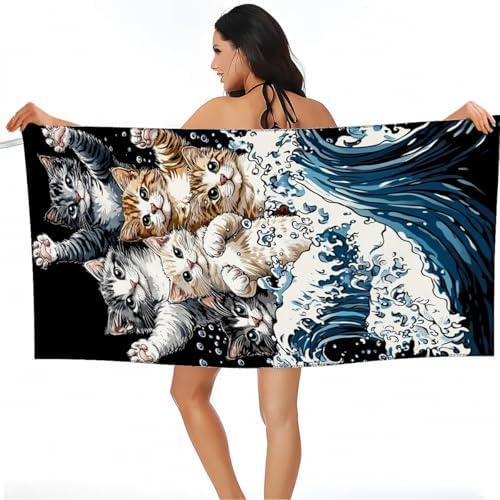 Funny Cat Surfing Fluffy Beach Towel 32x64 Inch