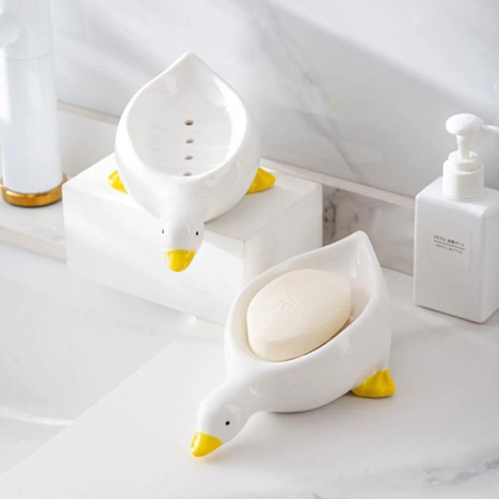 Cute Duck Ceramic Soap Dish Holder with Drain Yellow