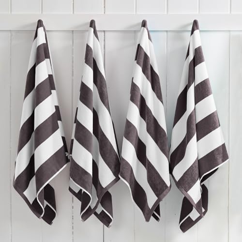 Great Bay Home 100 Cotton Velour Beach Towel - Grey Cabana Stripe 35x70