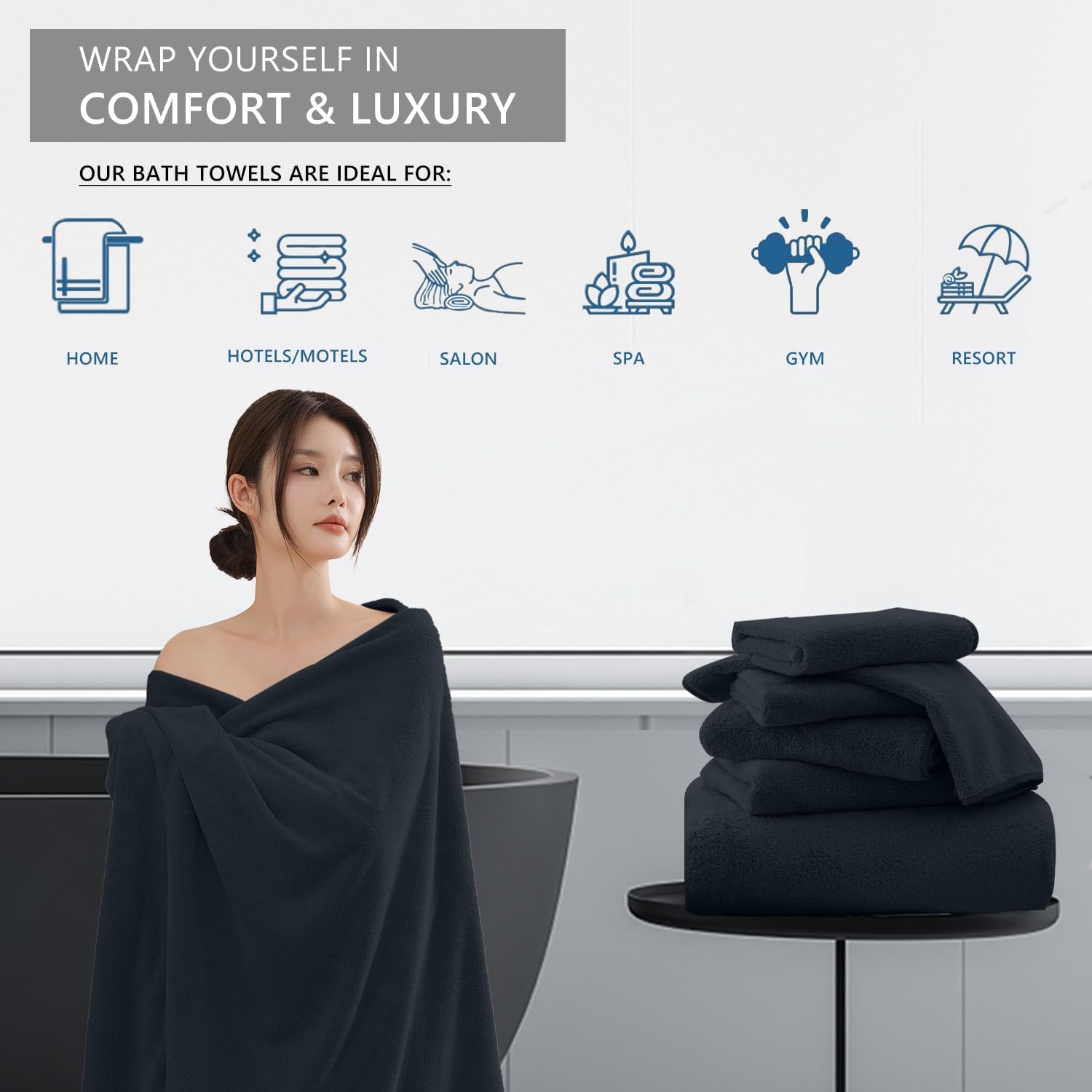 MAGGEA 4-Piece Extra Large Bath Sheet Set - 35x70 Ultra Soft Black Towels