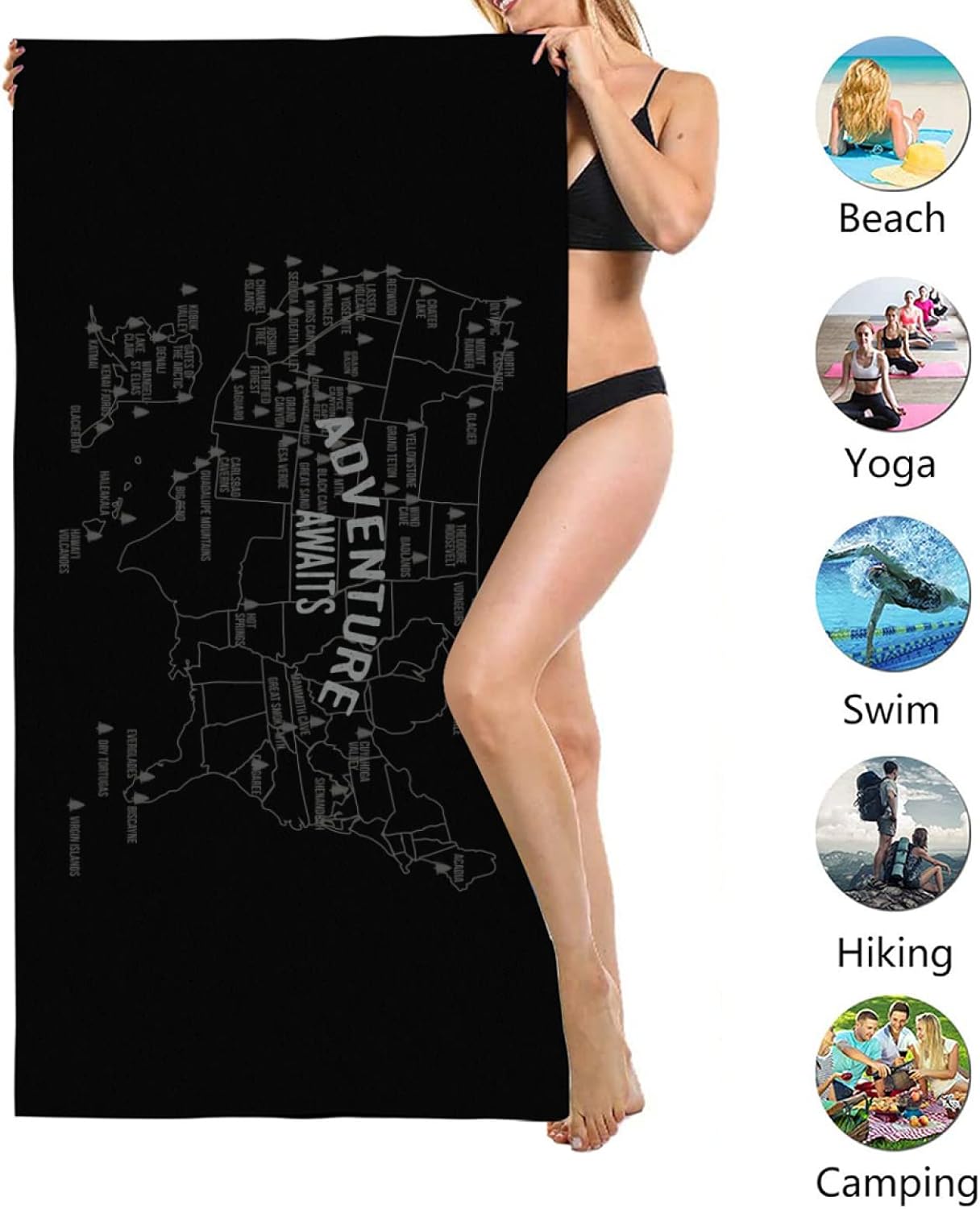 National Park Map Beach Towel - 59 Parks Microfiber Sand Free Travel Towel