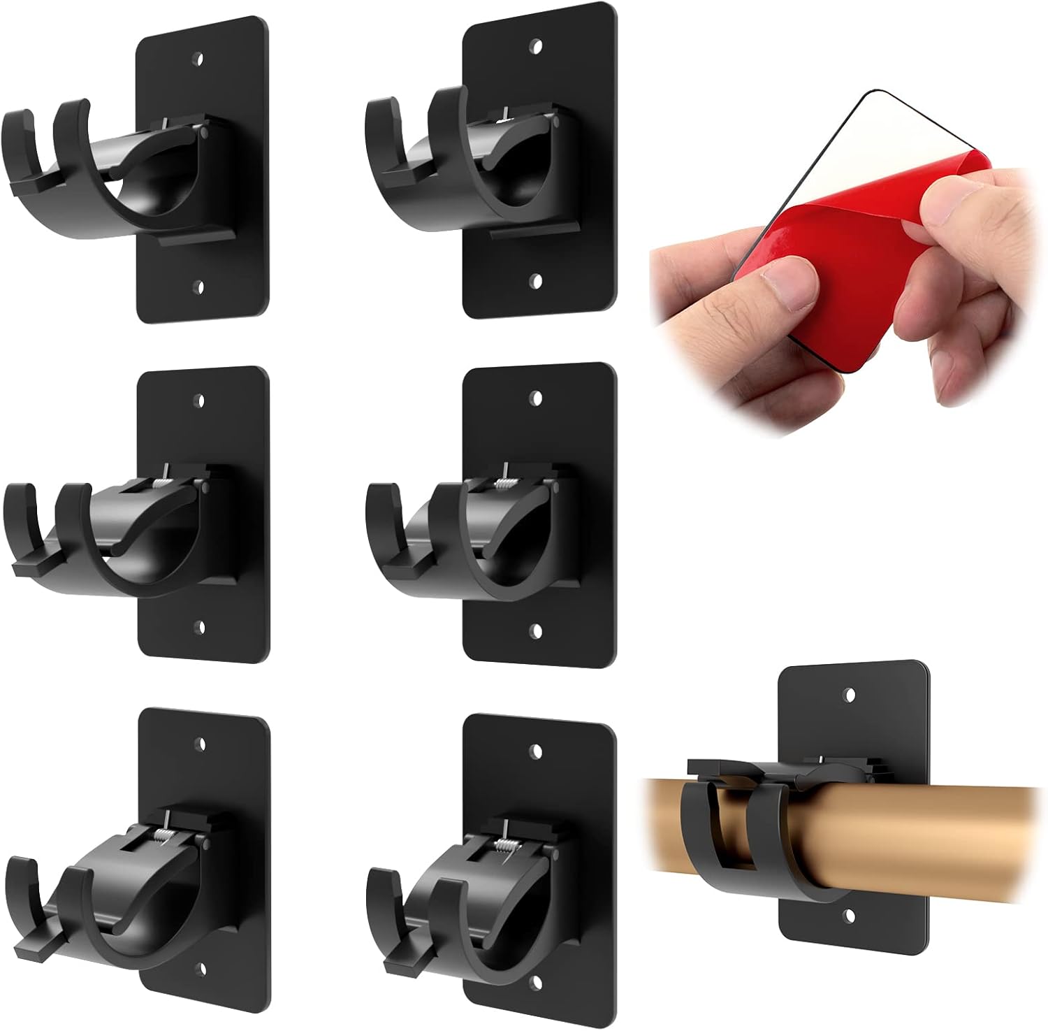 6 PCS Universal Curtain Rod Bracket Holder with 3M Adhesive Black