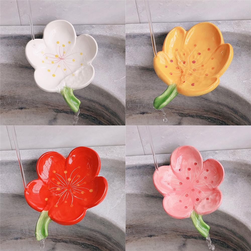 Flower Ceramic Soap Holder Self Draining Tulip Yellow