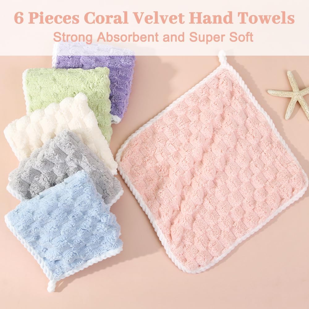 6Pcs Coral Velvet Hand Towels with Hanging Loop 1
