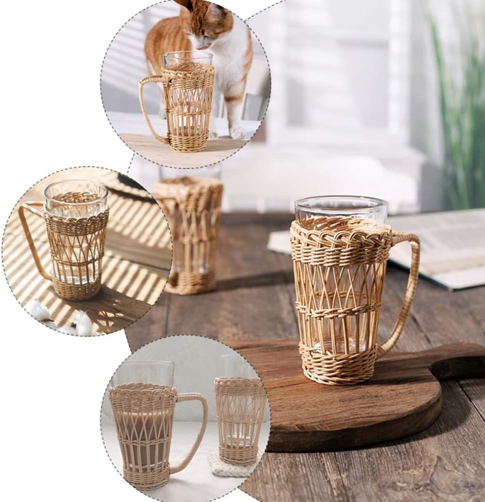 Ochine Wicker Cup Holder with Handle Heat Resistant Rattan Pencil Pen Holder