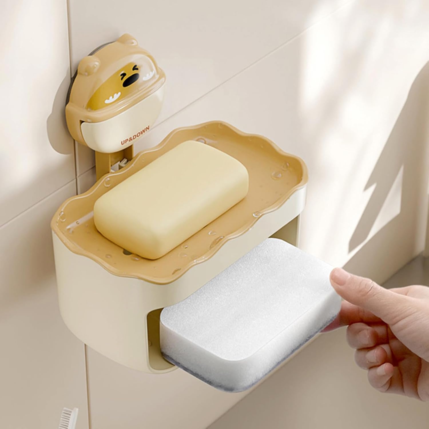 Yellow Cartoon Soap Dish with Suction Cup and Double Layers